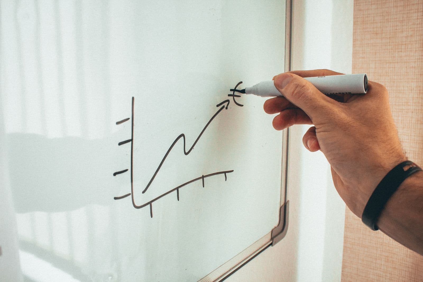 Eine Hand zeichnet mit Marker eine ansteigende Stufengrafik mit Pfeil auf ein Whiteboard
