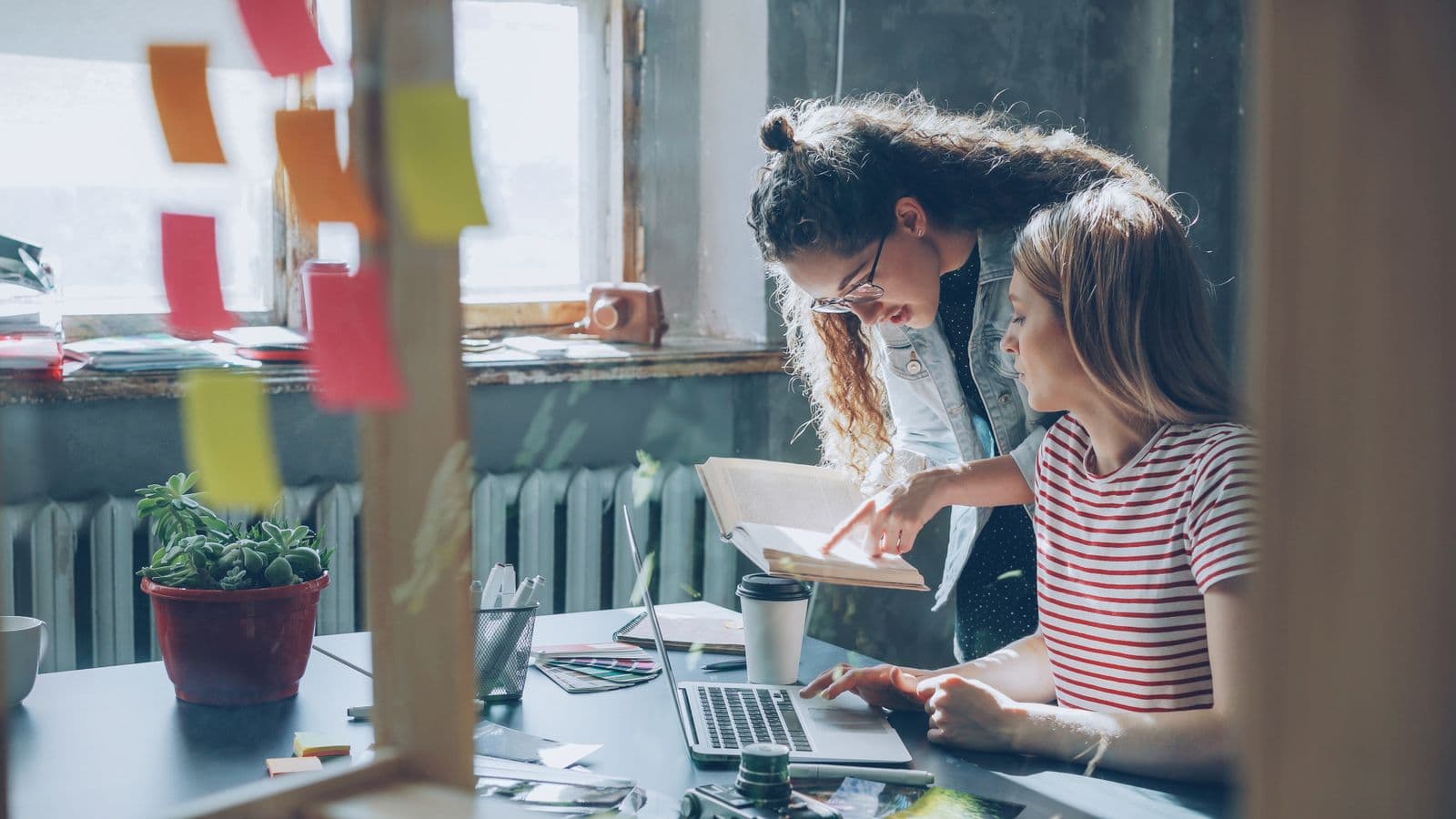 Two women collaborate with laptops and notes in a cozy, daylit office space