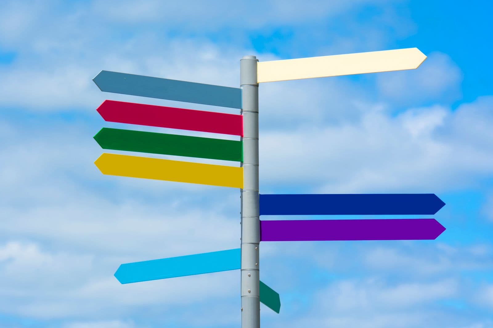 Signpost with colorful directional arrows against a blue sky