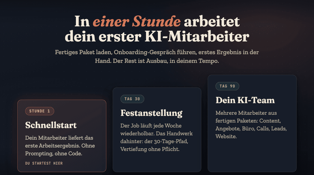 Der Weg zum KI-Mitarbeiter: Stunde 1 Schnellstart, Tag 30 Festanstellung, Tag 90 KI-Team
